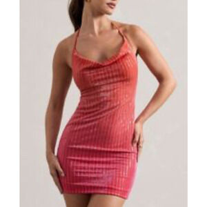Club L London Womens Dress 6 US Pink Ombre Sequin Cowl Neck‎ Mini Sexy Bodycon